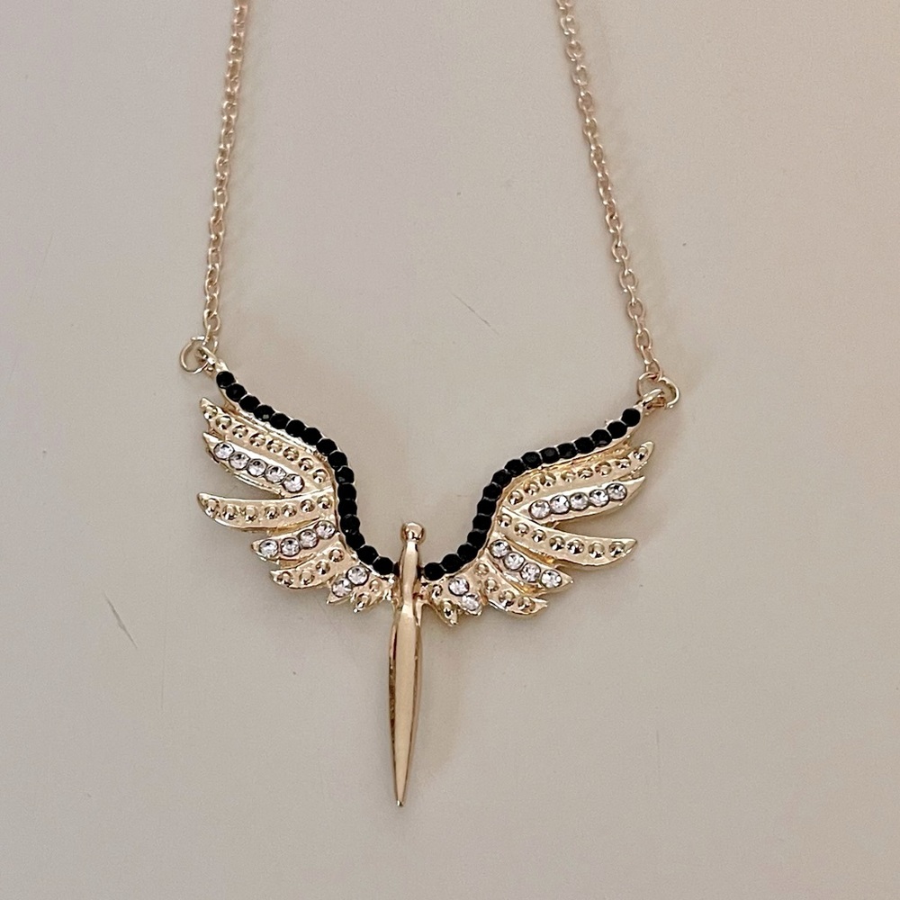 Angel Necklace, Gold Plate, Crystal Wings